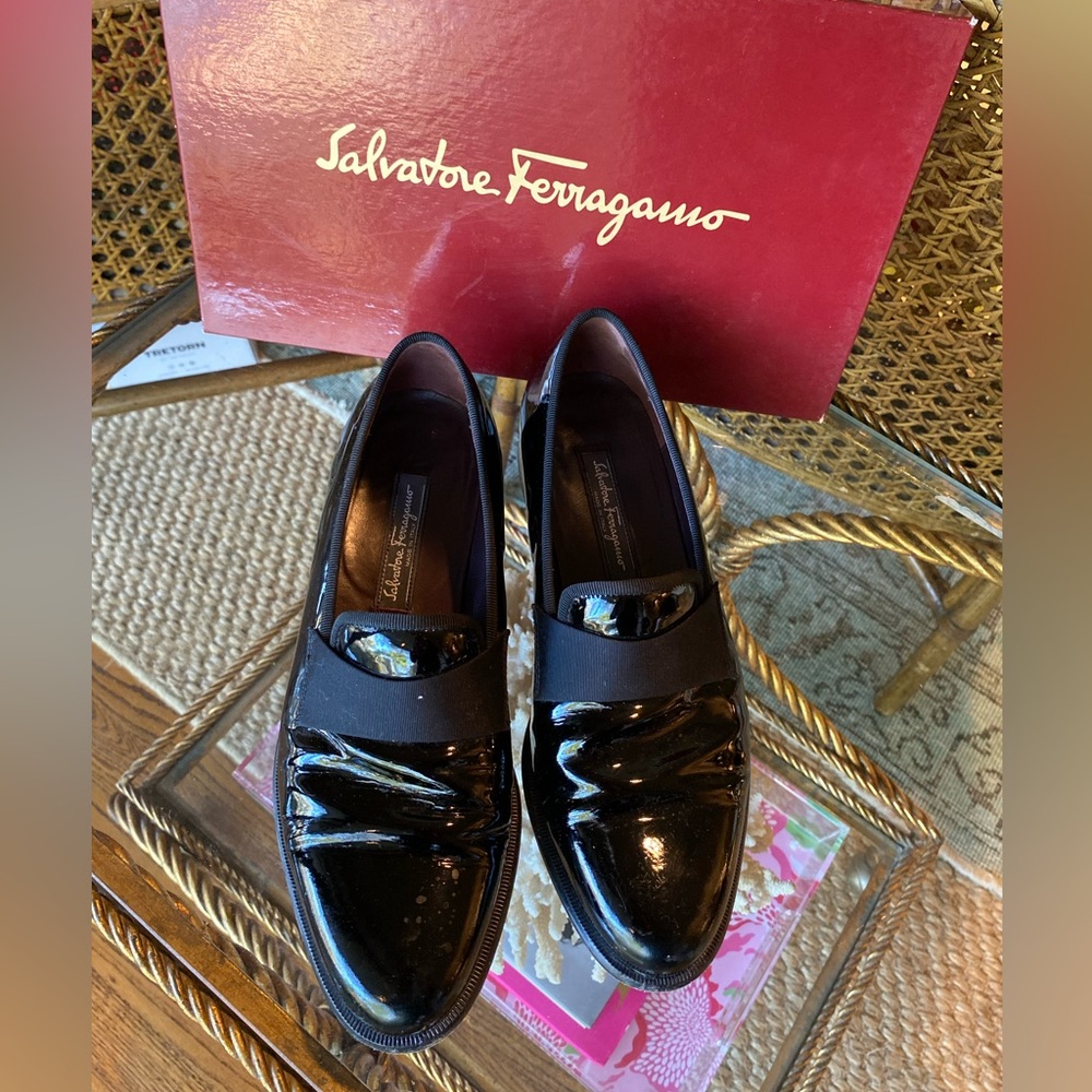 Ferragamo patent leather tuxedo shoes